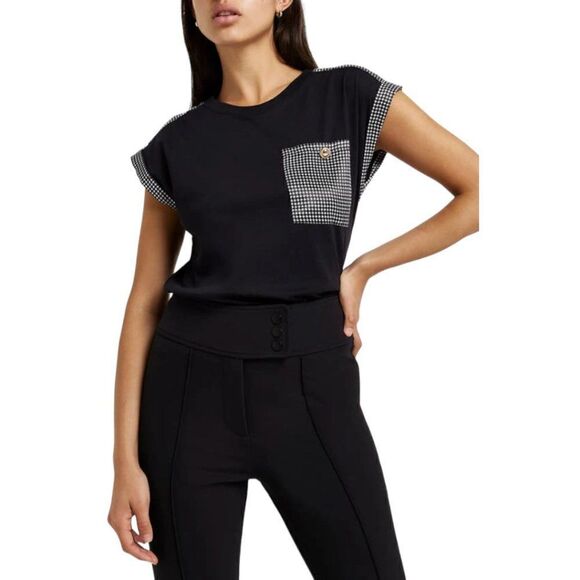 River Island Black Houndstooth Pocket T-shirt Size 12 NWOT - Picture 1 of 8